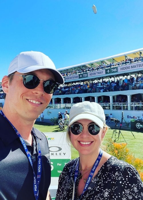 Jake Abel clicking a selfie alongside Allie Wood Abel in February 2020