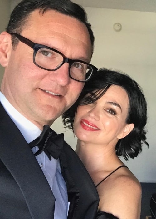 Karen Duffy smiling in a selfie alongside husband John Lambros in June 2018