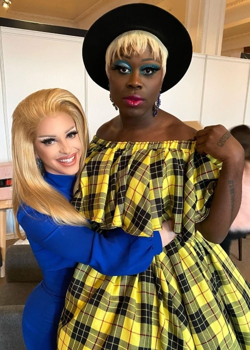 Miz Cracker (Left) posing for a picture alongside her drag mother at Olympia London in London, England in January 2020