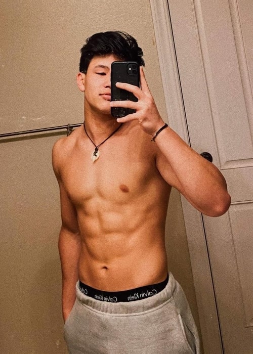 Niko Katsuyoshi clicking a shirtless mirror selfie in April 2020