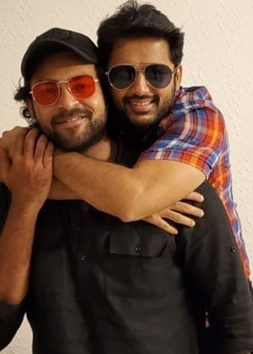 Nithiin as seen while hugging Varun Tej Konidela from behind in September 2019