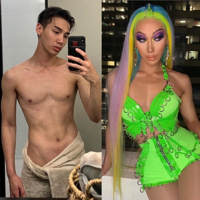 Plastique Tiara as seen while taking a shirtless mirror selfie on one side and all dressed-up in her drag attire on the other side