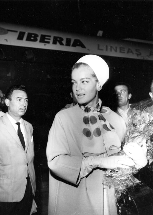 Romy Schneider arriving at Madrid's Barajas airport on September 5, 1965