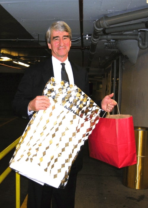 Sam Waterston as seen while displaying gifts given by fans after Refugees International dinner