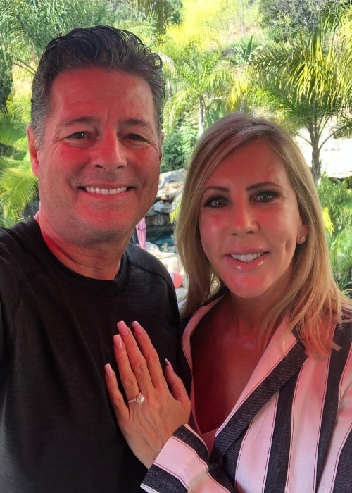 Vicki Gunvalson and Steve Chavez Lodge as seen while taking a selfie announcing their engagement at Coto de Caza, California in April 2019