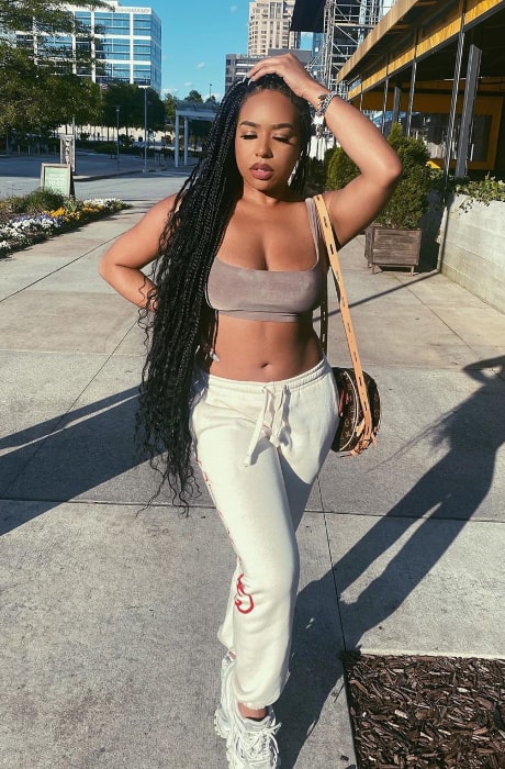 B. Simone as seen while posing for a picture in Buckhead, Atlanta, Georgia in April 2020