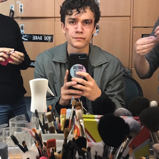 Benjamin Wadsworth in February 2019 with makeup on while shooting a scene for the television show Deadly Class (2018–2019)