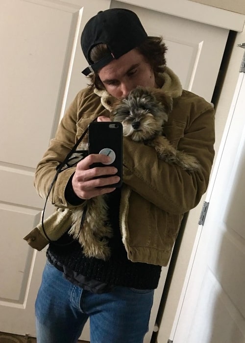 Chase Stokes as seen while clicking a mirror selfie with his dog at Marina del Rey in Los Angeles County, California