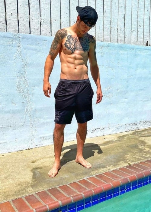 David Rodriguez as seen in a shirtless picture taken near a pool in May 2020