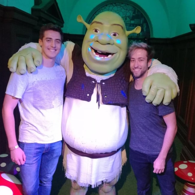 DenisDailyYT and YouTuber Alex standing alongside the self-titled movie character Shrek in August 2017