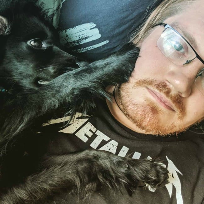 Duncan Jones with his dog as seen in May 2019