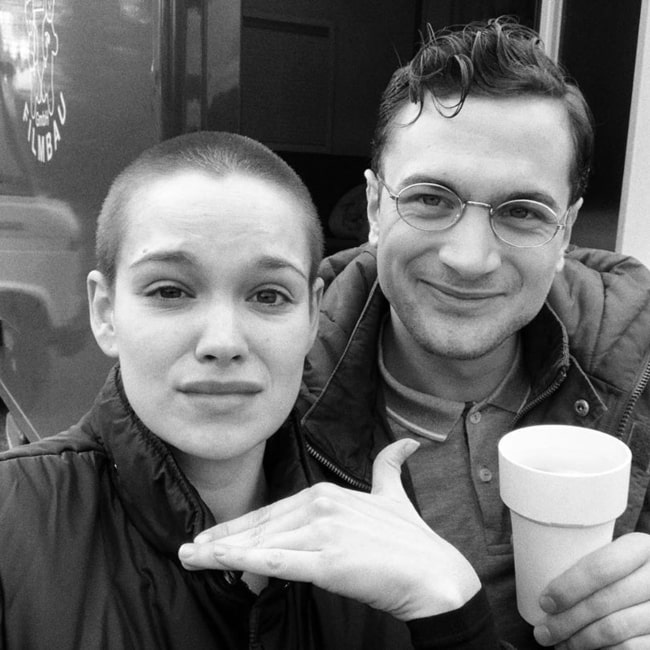 Emilia Schüle as seen in a black and white selfie with actor Samuel Schneider in April 2020