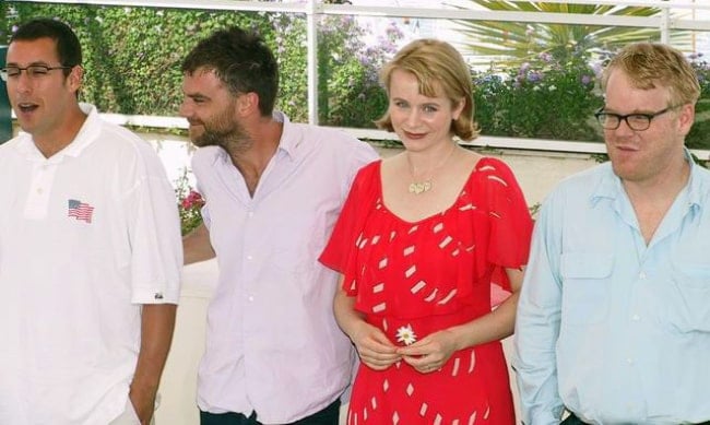From Left to Right - Adam Sandler, Paul Thomas Anderson, Emily Watson, and Philip Seymour Hoffman at the 2002 Cannes Film Festival promoting 'Punch-Drunk Love'