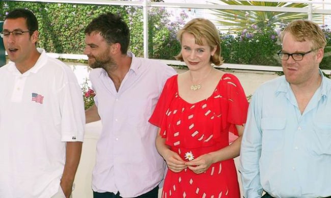 From Left to Right - Adam Sandler, Paul Thomas Anderson, Emily Watson, and Philip Seymour Hoffman at the 2002 Cannes Film Festival promoting 'Punch-Drunk Love'