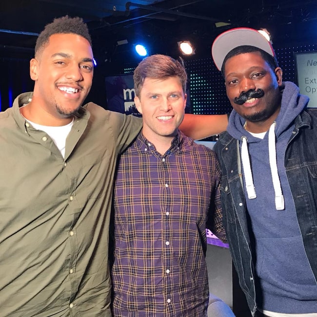 From Left to Right - Rukari Austin, Colin Jost, and Michael Che as seen while posing for a picture in October 2017