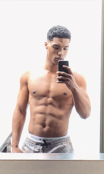 Rome Flynn taking a shirtless mirror selfie showing his stunning physique in August 2019