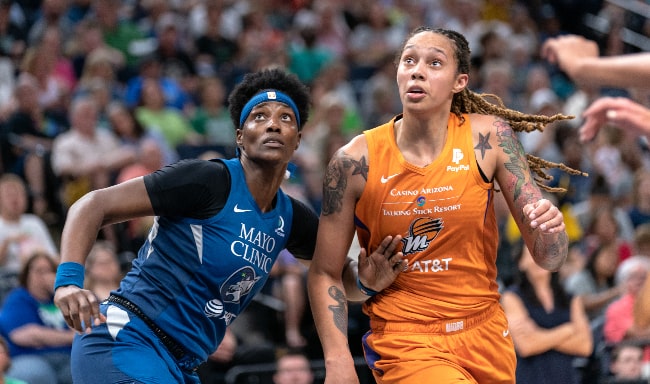 Sylvia Fowles (Left) and Brittney Griner during the Minnesota Lynx vs Phoenix Mercury at Target Center in Minneapolis in July 2019