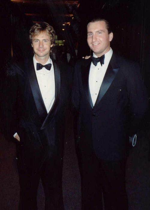 Dana Carvey seen with Mike Clark at the Governor's Ball after the Emmy Awards in 1989