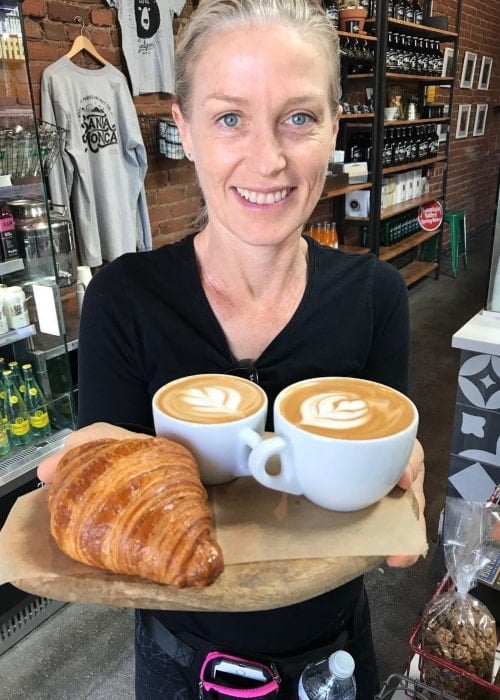 Jessica Tuck as seen in a picture just before relishing a croissant and coffee in July 2018 at the LoCal Coffee and Market