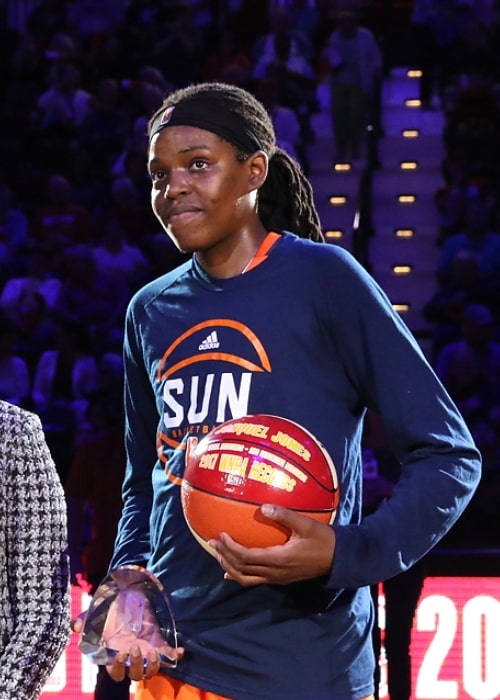 Jonquel Jones as seen in a picture taken while holding the award for the 2017 WNBA Most Improved Player