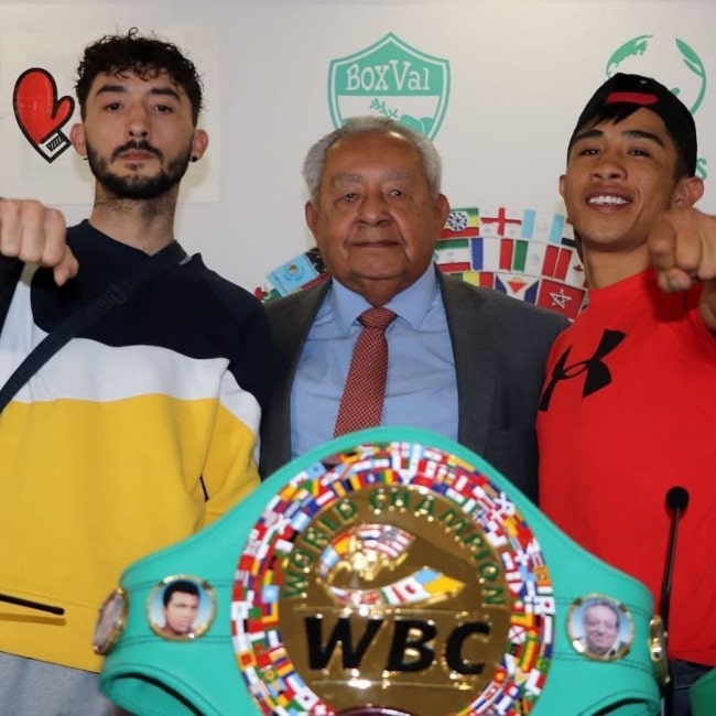 Julio Cesar Martinez as seen in a picture taken with Flyweight British Champion Andrew Selby at a presser in Mexico City, Mexico in March 2019