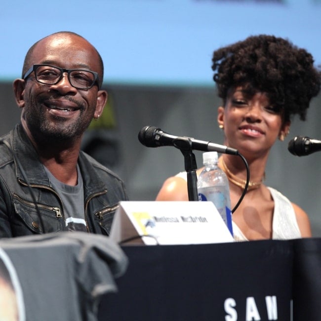 Lennie James and Sonequa Martin-Green speaking at the 2015 San Diego Comic Con International, for The Walking Dead, at the San Diego Convention Center in San Diego, California