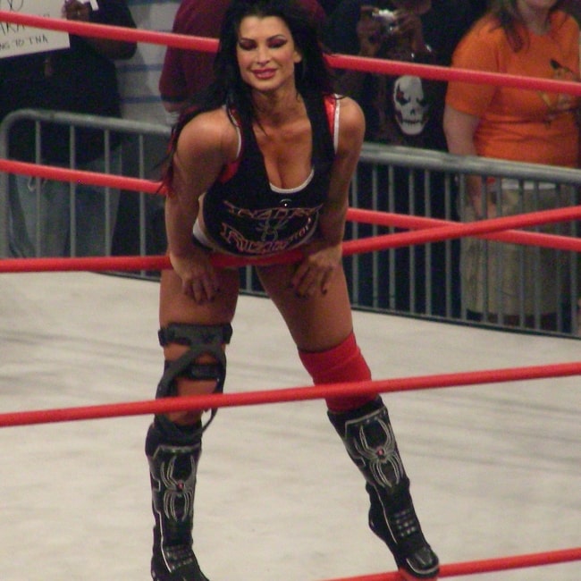 Lisa Marie Varon posing under her ring name of Tara before a match against Angelina for the Knockout Title on June 21, 2009