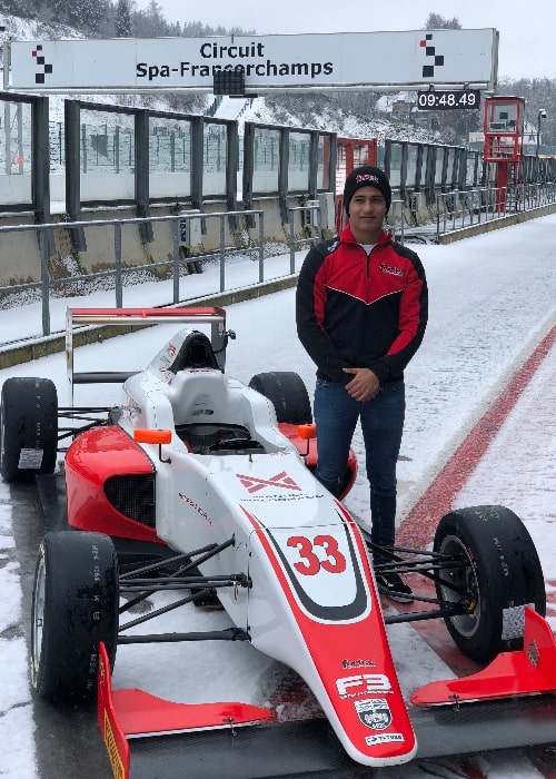 Manuel Maldonado posing with his British F3 car in May 2018