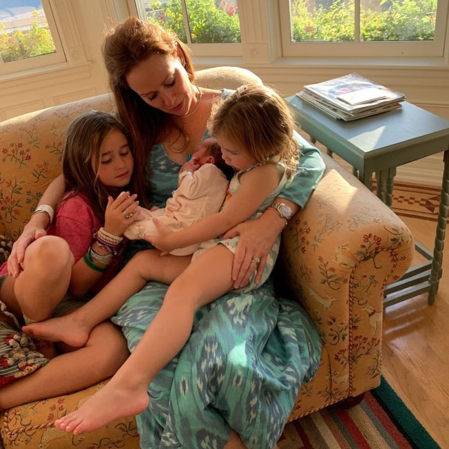 Rebecca Creskoff as seen in a picture taken with her daughters Sadie and Isla and her new born son Goldie in September 2019