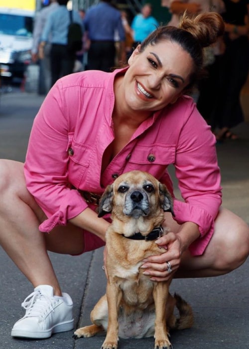 Shoshana Bean with her pet dog named Meemz, as seen in July 2019