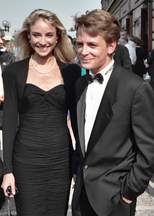 Tracy Pollan as seen in a picture taken with her husband actor Michael J. Fox at the 40th Emmy Award in August 1988