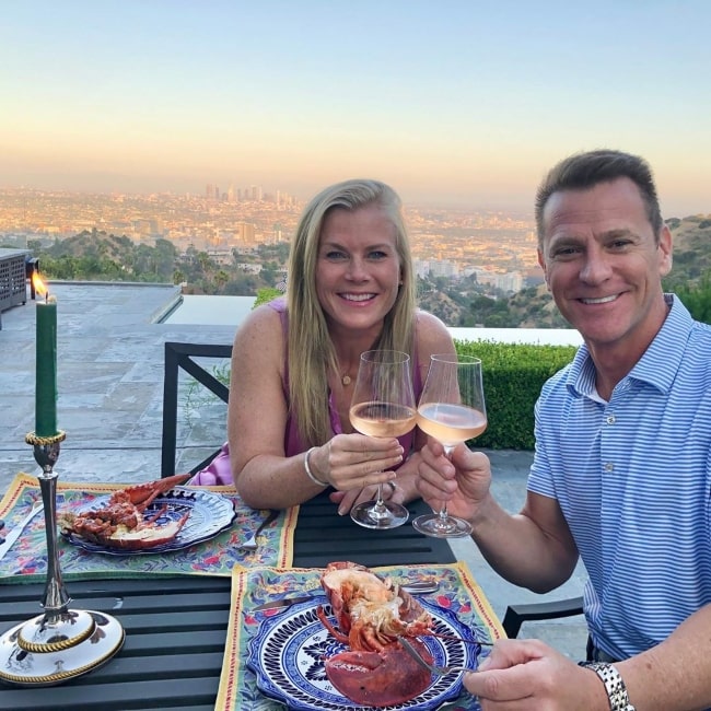 Alison Sweeney and her husband celebrating their 20th anniversary in their own backyard in July 2020