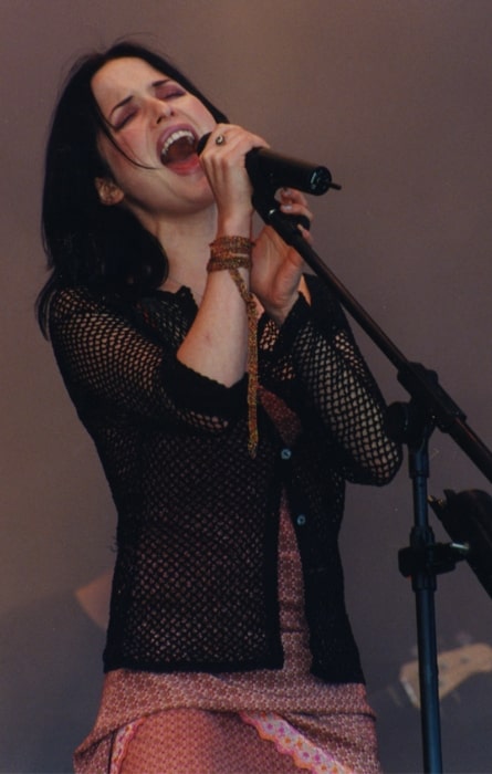 Andrea Corr pictured while performing at Glastonbury Festival on June 27, 1999