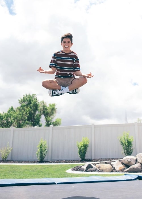 Brock Mikesell as seen in a picture that was taken in June 2020, while he was floating in the air in a meditating position after bouncing off the trampoline