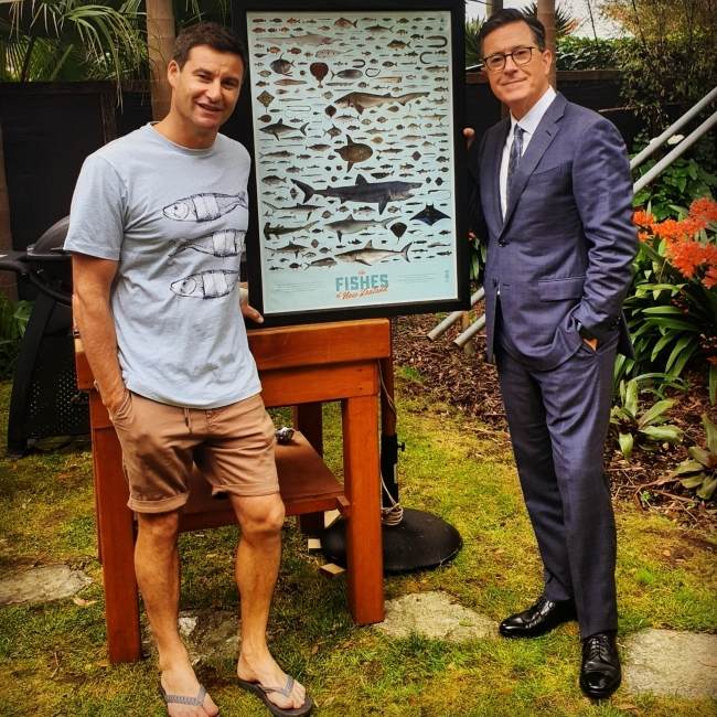 Clarke Gayford as seen with Stephen Colbert in November 2019