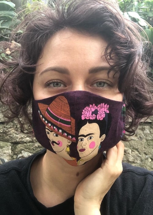 Deanna Russo as seen in a selfie taken while sporting a beautiful hand stiched mask during the Covid-19 pandemic in May 2020