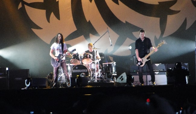 From Left to Right - Chris Cornell, Matt Cameron, and Ben Shepherd as seen while performing with Soundgarden at Lollapalooza in Chicago in August 2010