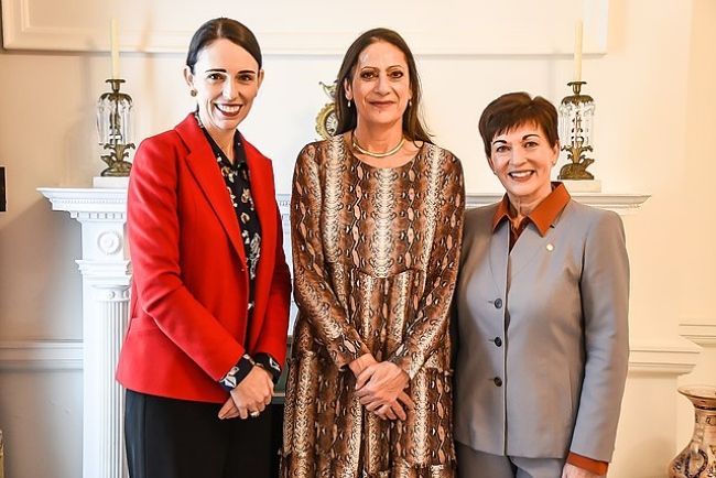 Jacinda as seen with Poto Williams (center) and Dame Patsy Reddy in July 2019