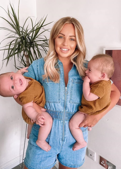 Lucy Jessica Carter with her twin daughters, as seen in July 2020