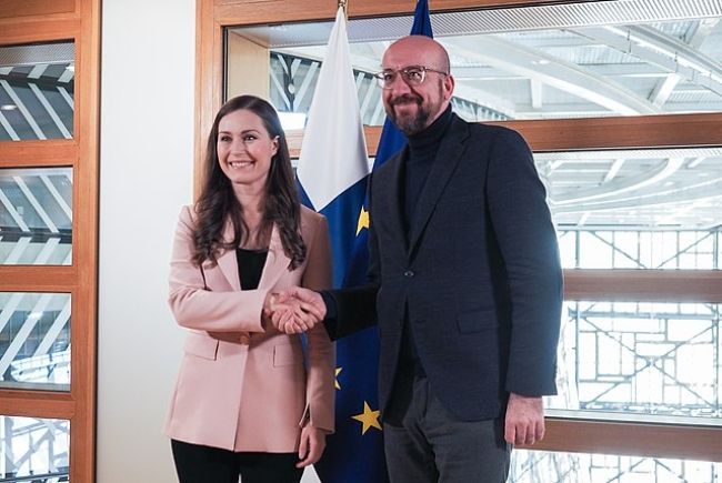 Sanna Marin seen together with the President of the European Council Charles Michel in 2020