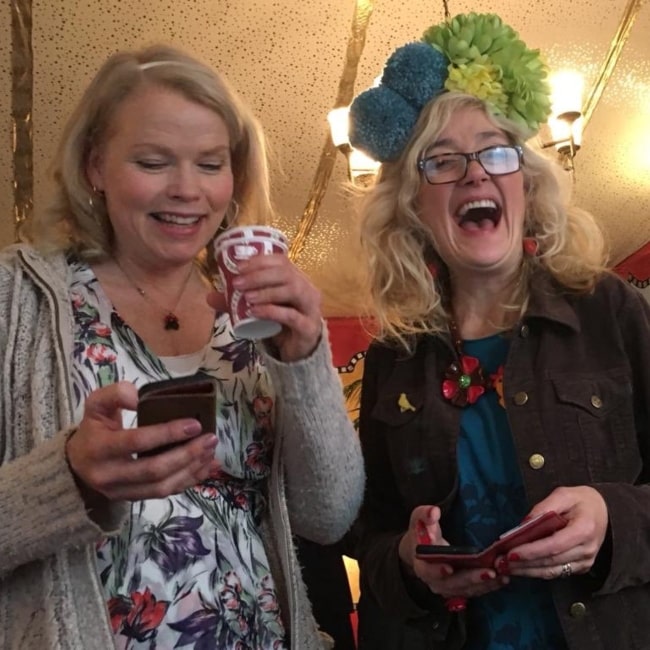 Sara Crowe as seen in a picture taken with fellow actress Sophie Thompson in December 2018