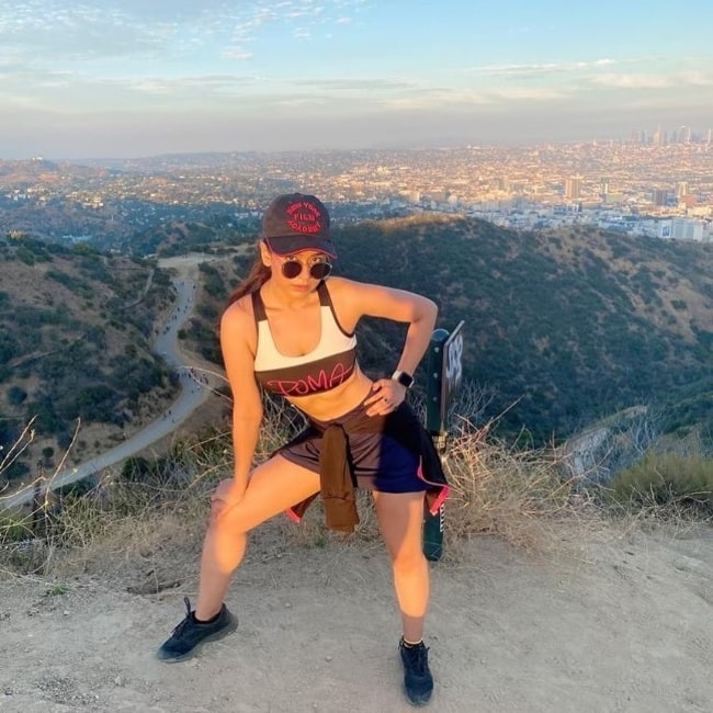 Soundarya Sharma as seen while posing for a picture at the Peak of Runyon Canyon in June 2020