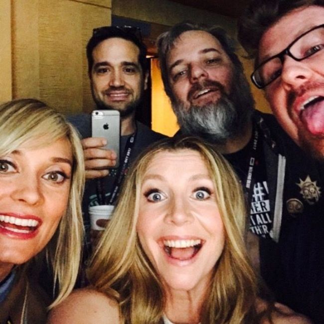 Spencer Grammer seen together with Sarah Chalke and other cast members of Rick and Morty