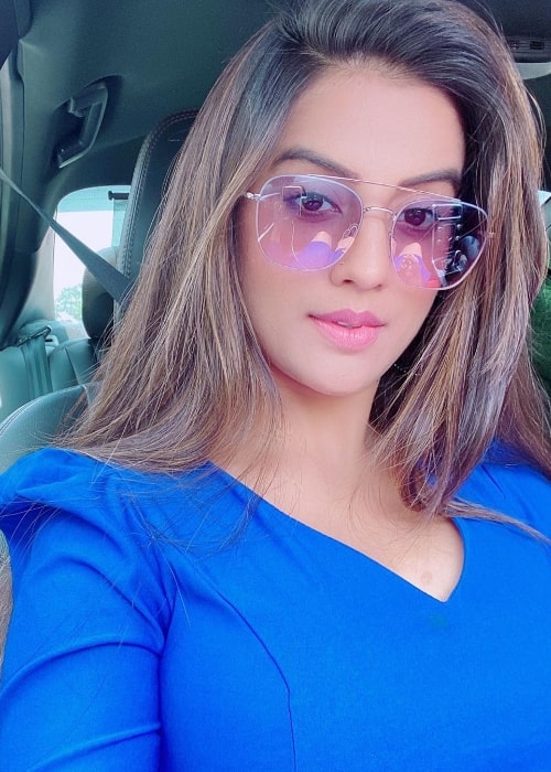 Akshara Singh as seen while clicking a car selfie in July 2020