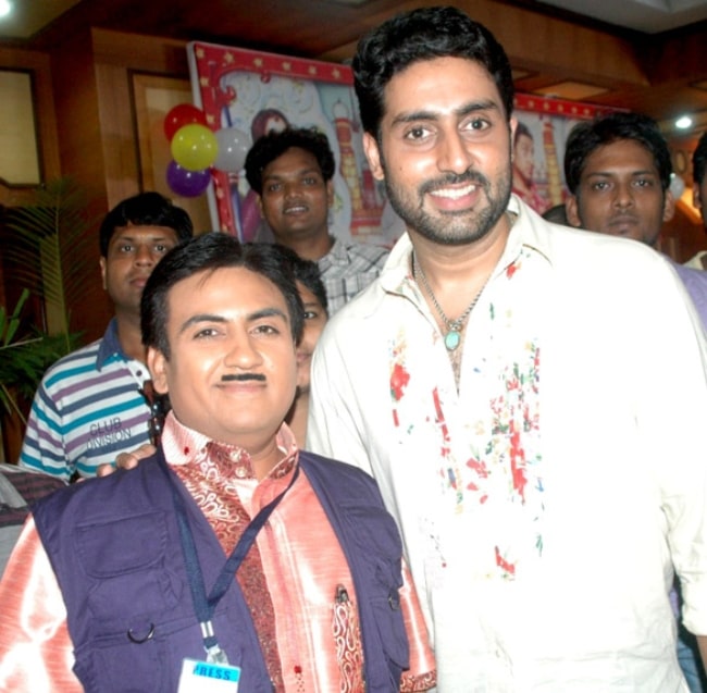 Dilip Joshi (Left) as seen while posing for a picture alongside Abhishek Bachchan on the sets of Taarak Mehta Ka Ooltah Chashmah in July 2012