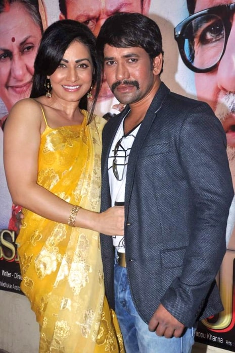 Dinesh Lal Yadav as seen while posing for the camera alongside Pakhi Hegde at Smt Netaji film launch in May 2012