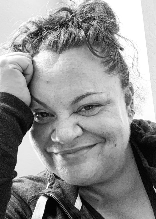 Keala Settle smiling in a black-and-white selfie in July 2020