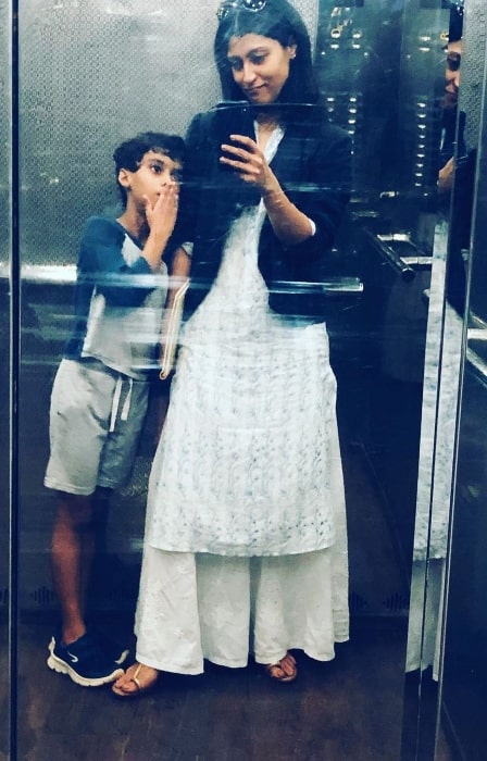 Konkona Sen Sharma as seen while clicking an elevator selfie alongside her son in September 2019