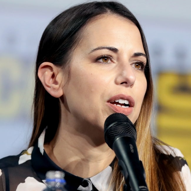 Laura Bailey pictured while speaking at the 2019 San Diego Comic Con International, for 'Marvel Games', at the San Diego Convention Center in San Diego, California