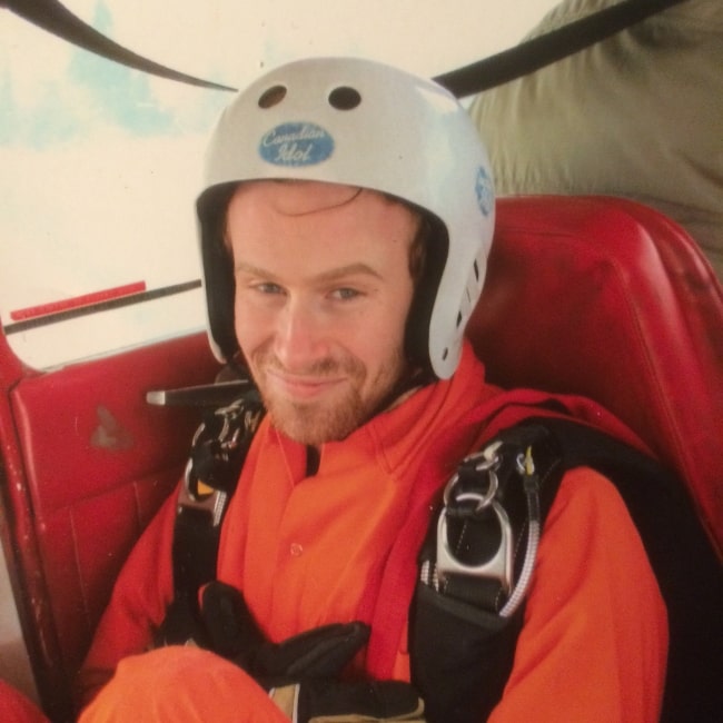 Mark Rendall as seen in a picture that was taken while sporting a Canadian Idol helmet just before he went skydiving in the past